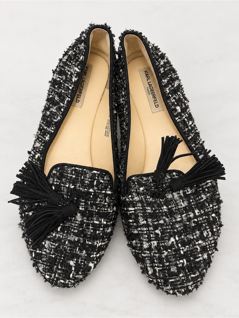 Karl Lagerfeld Black & White Tweed Tassel Loafers - size 10